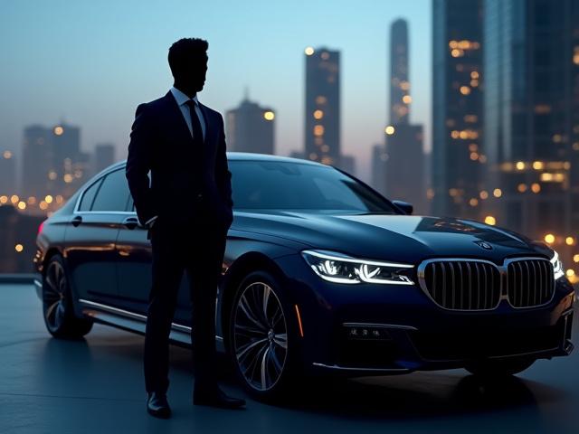 夜の都市で高級車を背景に立つスーツ姿のビジネスパーソン